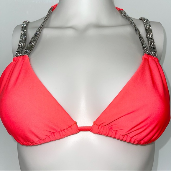 BEACH BUNNY Cosmic Crystal/Rhinestone Coral Bikini swim Set Large/Small neon